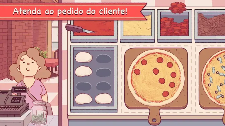 Balcão de atendimento com um cliente em Good Pizza, Great Pizza